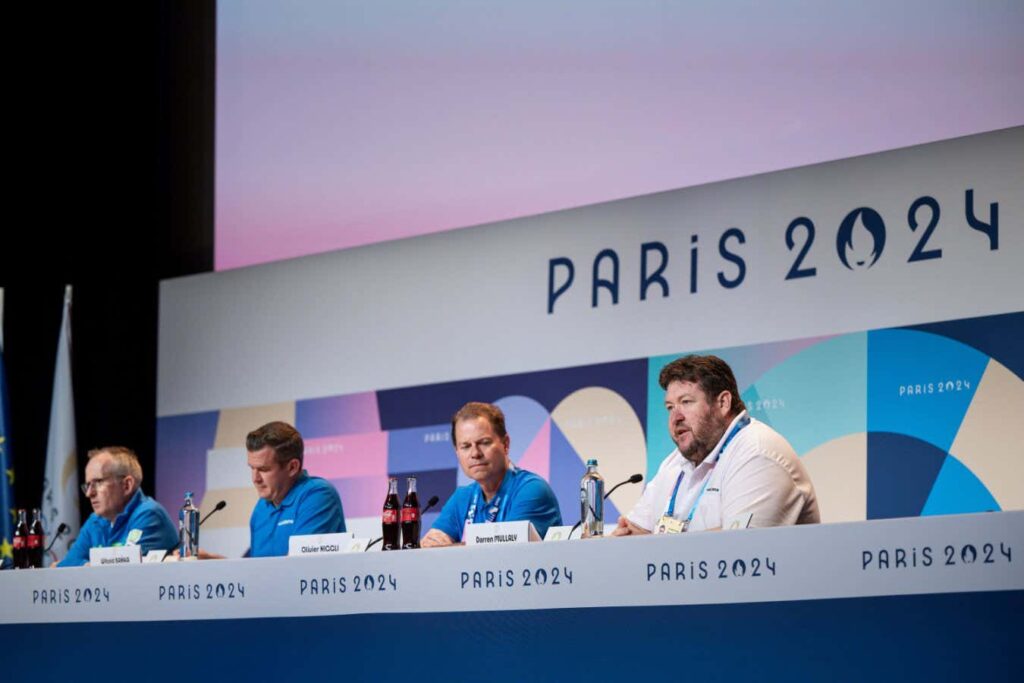 Members of the World Anti-Doping Agency at a press conference for the Olympic Games in Paris, France, on 25 July