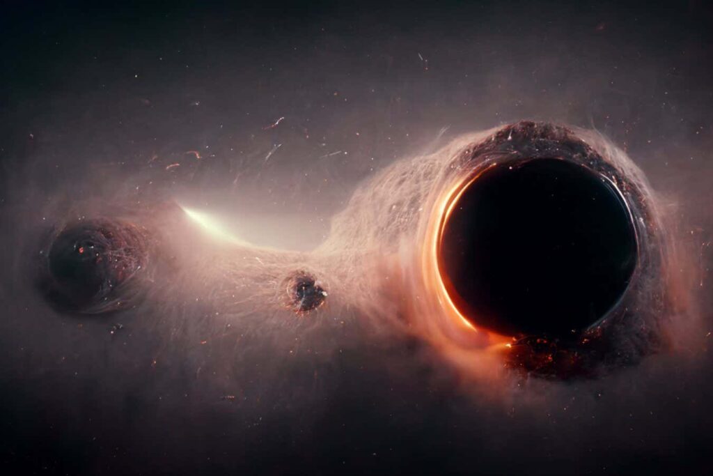 Black Hole event horizon, black hole in space attracting galaxies and asteroids surrounded by gas nebulas 3d rendering; Shutterstock ID 2182637129; purchase_order: -; job: -; client: -; other: -