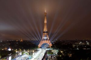 Mandatory Credit: Photo by Xinhua/Shutterstock (14605328i) Lights show is staged on the Eiffel Tower during the opening ceremony of the Paris 2024 Olympic Games in Paris, France, July 26, 2024. France Paris Oly Opening Ceremony - 26 Jul 2024