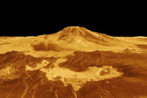 Computer generated three-dimensional perspective of the surface of Venus including the volcano Maat Mons.